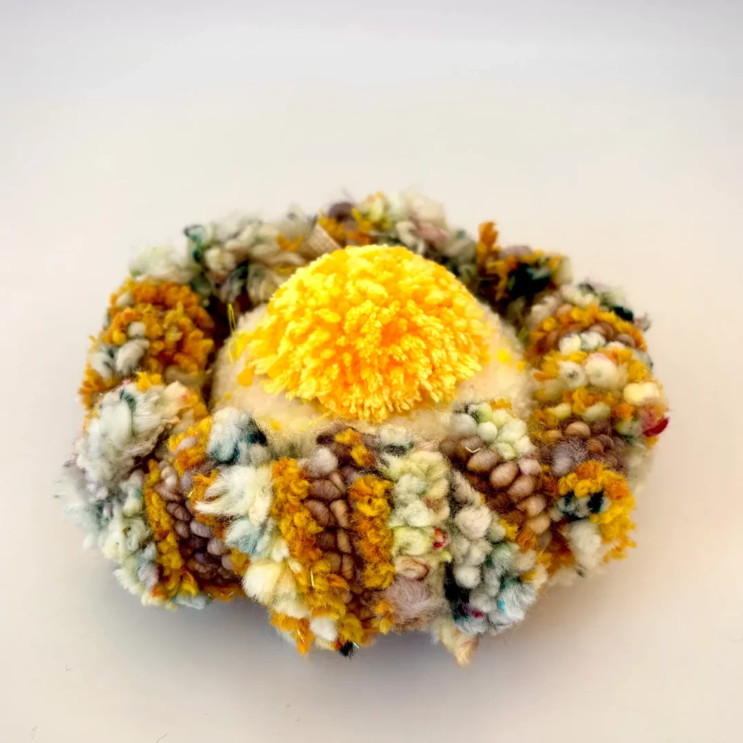 Fragment P-003 — 7 × 7 cm — 2026
Tufted wool.
Sea urchin containing a dandelion heart.